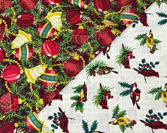 Joyful by Maywood Studio, berries, garland greenery, cardinal birds, ornaments, red green Fabric, crafts and quilts decor, yd or 1/2 yd