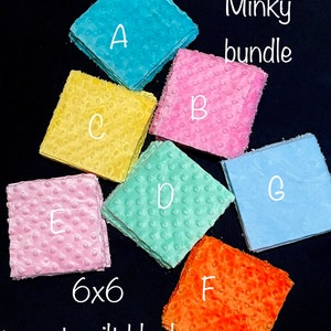 May include: A set of six 6x6 inch precut minky quilt blocks in various colors, including light blue, yellow, pink, green, blue, and orange. The blocks are labeled with letters A through F.