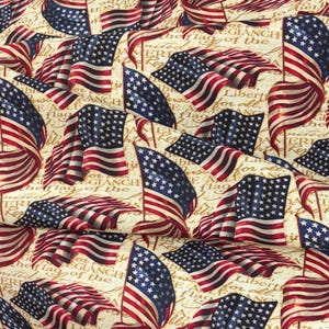 We Pledge Allegiance, Liberty American Flags Wavy Script words, Springs Creative Fabric,Patriotic independence, 4th of July, red beige blue