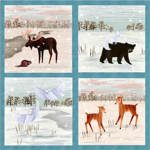 Peut inclure: Un panneau de tissu avec quatre scènes hivernales. En haut à gauche, un orignal et un castor dans un paysage enneigé. En haut à droite, un ours avec un renard sur le dos. Les panneaux inférieurs montrent des hiboux et des cerfs.