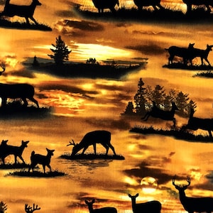 44&quot; Deer silhouette, woodland, sunrise, sunset fabric, by Elizabeth&#39;s studio, geometric, Southwest, hunting, Hunters quilt fabric, gold