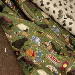 Pine Grove Fabric by Riley Blake Designs, Canoes, Cabin, Camping, Bears, Moose, acorns, brown woodgrain, wilderness outdoors, sold by yard