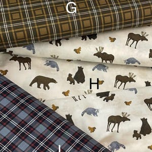 Pine Grove Fabric by Riley Blake Designs, Canoes, Cabin, Camping, Bears, Moose, brown plaid, black plaid, wilderness outdoors, sold by yard