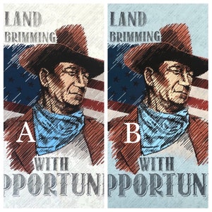 May include: A vintage-style poster with a cowboy wearing a hat and bandana. The poster has a blue and white striped background with the text "LAND BRIMMING WITH OPPORTUNITY" in gray.