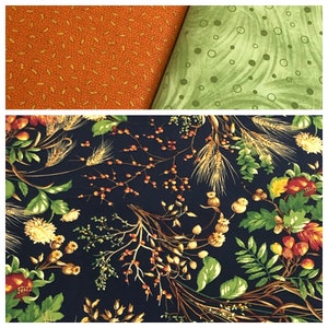 Secrets of Autumn Harvest fabric, Thanksgiving fall, bloom and grow, beige green red black, wheat leaves, table cloth curtain fabric, cotton