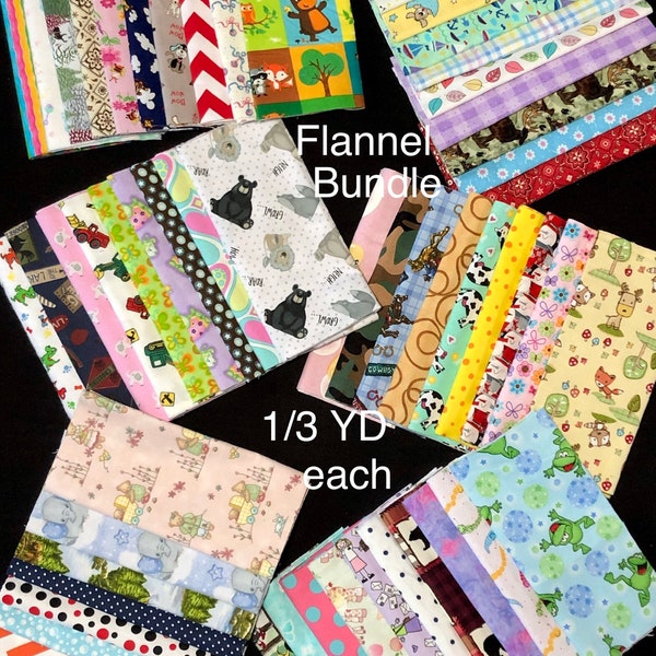 6 Remnant Scrap FLANNEL- 2 yards total - each 1/3 yd cut, top quality fabric design bundle, baby boy girl bibs, quilting, Grab Bag bolt ends
