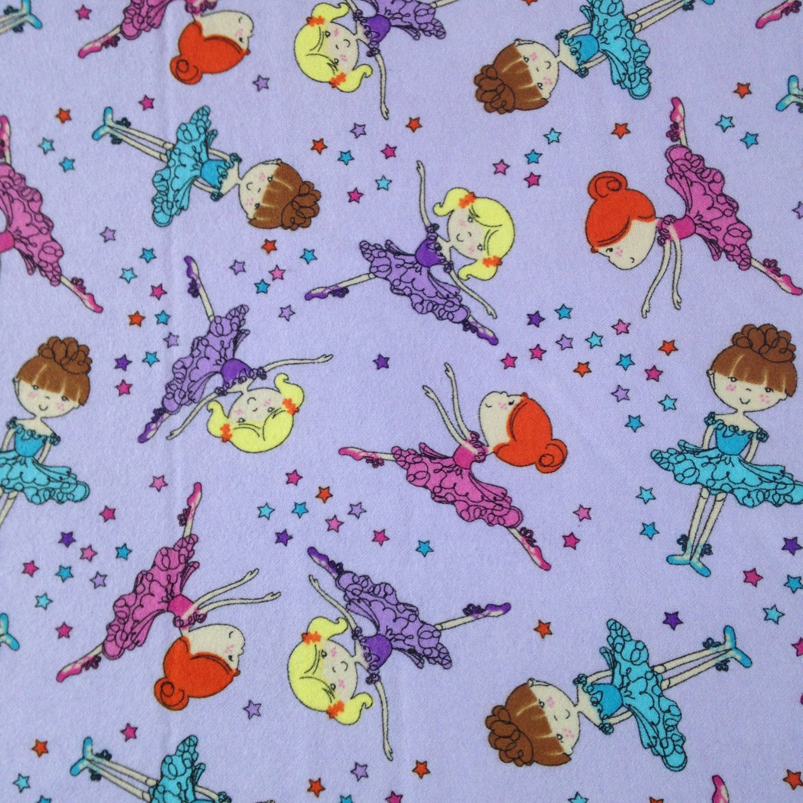 dancing ballerina girl, stars, ballet shoes, purple pink flannel, dancing fairy fabric, little girl fabric