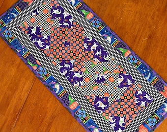 Halloween quilted Table runner, 34.5" x 16.5", fall Autumn October dinning room decoration, ghost, Boo, Candy corn, purple orange, bright