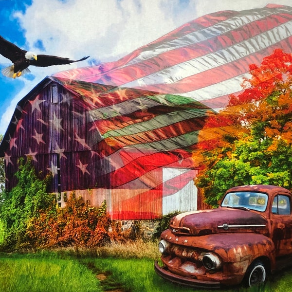 Land of Liberty fabric panel, American Flag, Bald Eagle, USA red white blue, barn shed, old red truck, Autumn fall leaves, by David Textiles