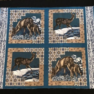 Deer fawn pillow panel, Winter Scene blue beige Fabric, woodland, wood grain birch tree, snow scene, fawn, doe, 35 x 44 wildlife quilting