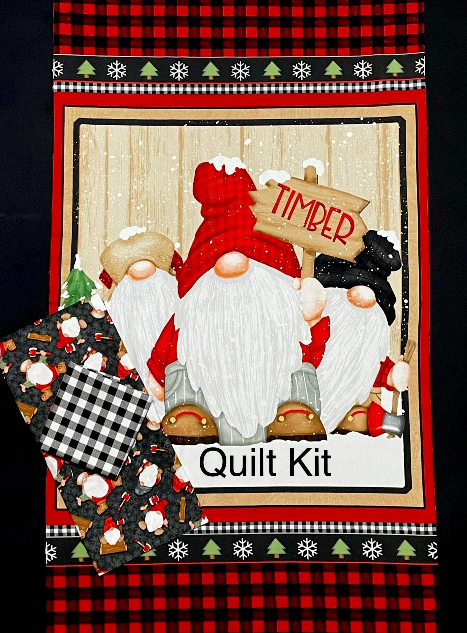 Timber Gnomies quilt kit includes panel, binding and backing, snowflakes, black white checks, Christmas cotton FLANNEL panel, wall hanging