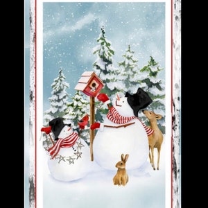 Snow Days fabric panel, season greetings, snowman, red berries, fox rabbit, Christmas wreath, birdhouse, pine cone, blue green, Henry Glass