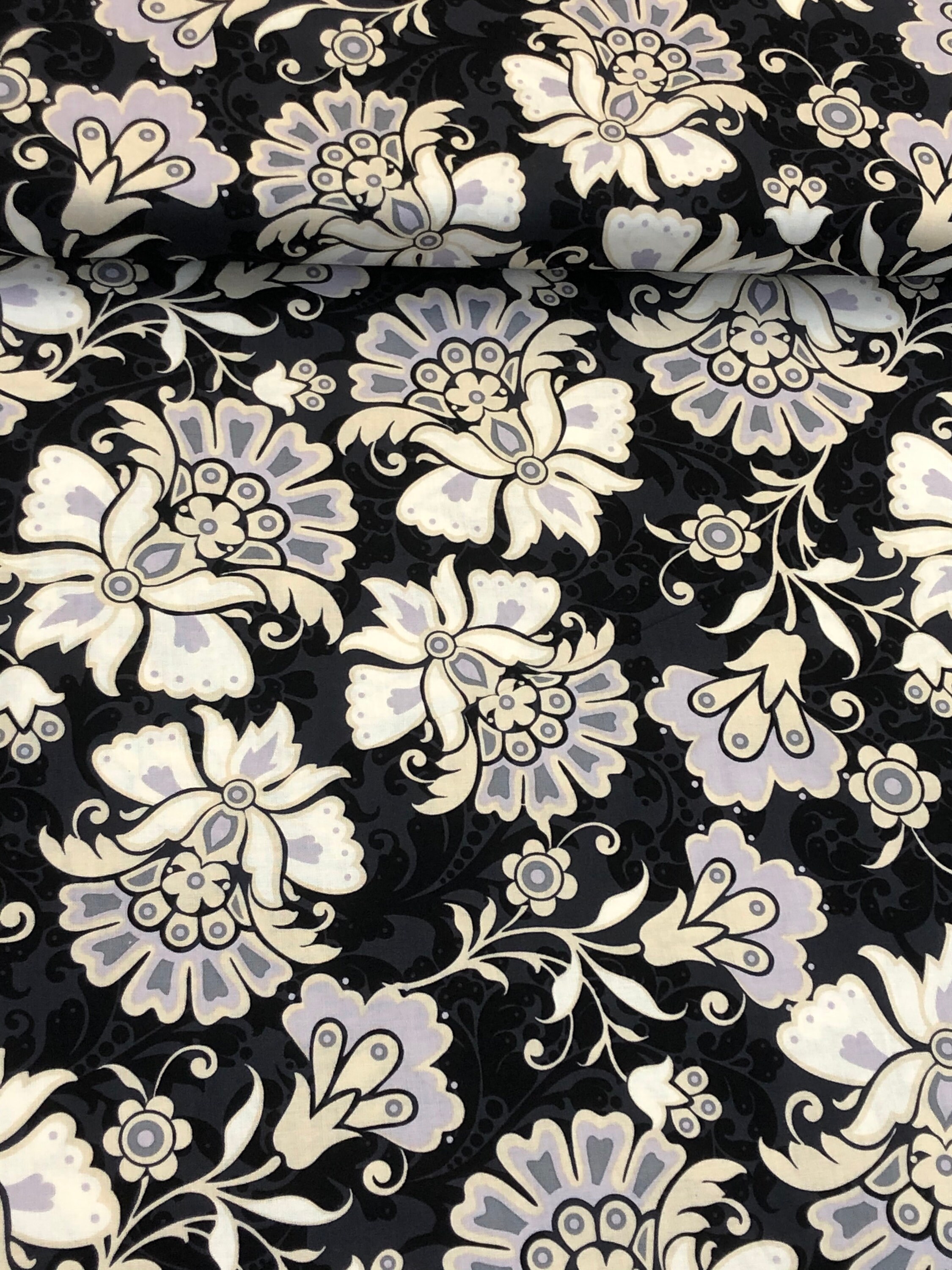 Black Gray Blue Floral Flower Fabric 100 Cotton White in Etsy UK