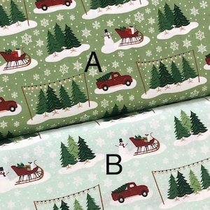 Kersttradities, oude rode vrachtwagen, groene bosboom, witte sneeuw, sneeuwpopslee, vakantiestof, voor Riley Blake 100% katoen verkocht op maat gesneden