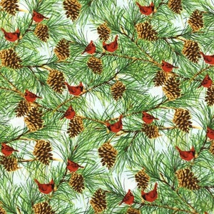 Christmas Snow Days fabric, wildlife, green pine needles, pine cones, red cardinal birds, cotton, Winter holiday quilt fabric by Henry Glass
