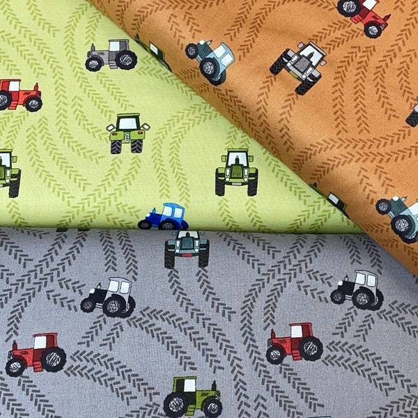 Tractor Trails, Piggy Tales, Green gray rust, Children's Farmyard Fabric by Lewis & Irene Fabrics, plowing fields, harvest, sold by yard