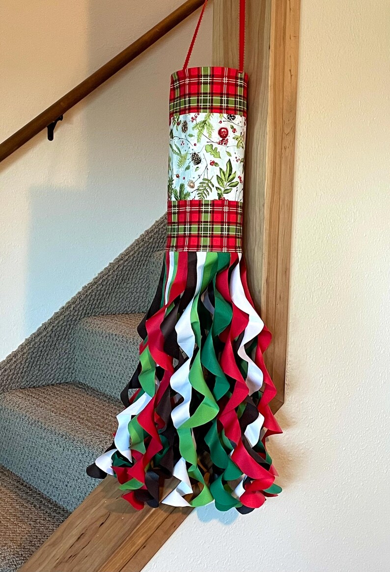 CHRISTMAS Garland Windsock, Red Green Brown White, Holiday Porch