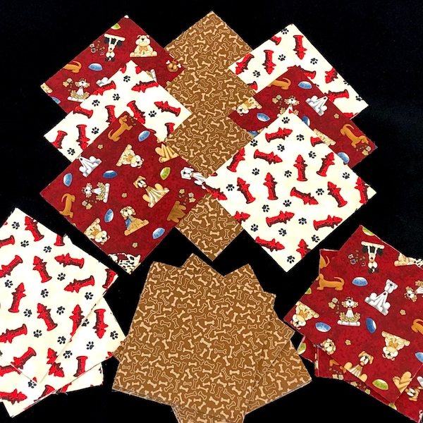 puppy dog bones paw print fabric, 8 inch square quilt blocks, quilting fabric, patchwork baby quilt, burgundy brown cream red, fire hydrant