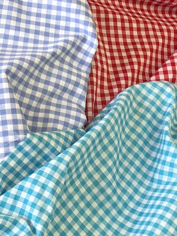 Plaid check gingham poylester cotton fabric,red, aqua, blue,  quilting, baby blanket fabric, curtain skirt dress sewing, sold by the yard