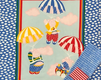 three little pig baby quilt kit, umbrella, bordered, includes top panel, back & binding, baby blanket, blue red yellow, sky clouds, boy girl