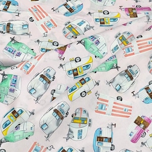 Camping trailer RV fabric, I&#39;d Rather Be camping, Campers, pale pink, travel, 100% cotton quilting quality, curtains, tablecloth