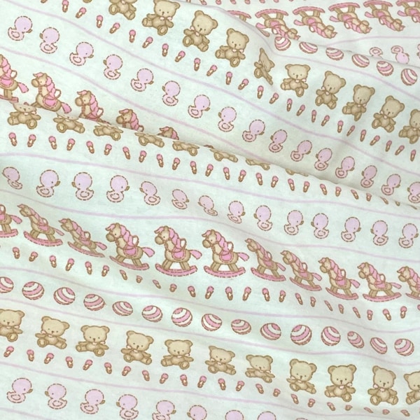 Rocking horse Teddy bear pink cream flannel fabric, vintage baby blanket fabric, sold by the yard