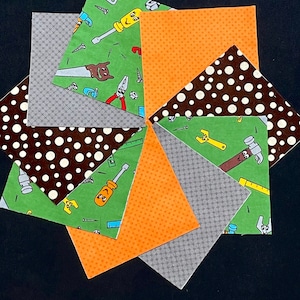48 Boy tools 7&quot; Squares flannel quilt blocks, pre cut squares, green gray orange brown, polka dot, criss cross, patchwork  boy quilt kit