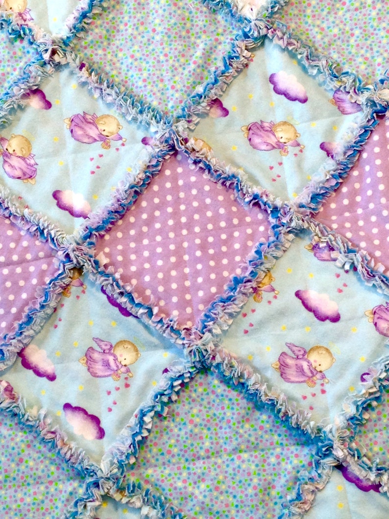 35 x 35 purple aqua blue polka dot hearts Flannel blanket Baby rag quilt Teddy bear angels shower gift 3 layers of top quality flannel