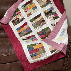 Woodland wilderness Quilt Top, Handmade Lap Quilt, pieced patchwork quilt, Unfinished, 43&quot; x 56&quot; burgundy bordered, Lap Quilt Size, colorful