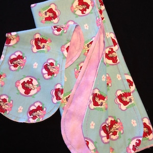 Little Mermaid Receiving blanket & burp cloth, Hemstitch crochet baby girl reversible flannel, lavender purple Coordinate aqua blue, Arial, image 1