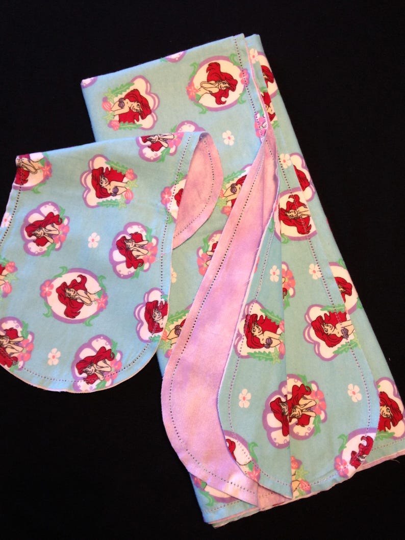 Little Mermaid Receiving blanket & burp cloth, Hemstitch crochet baby girl reversible flannel, lavender purple Coordinate aqua blue, Arial, image 1