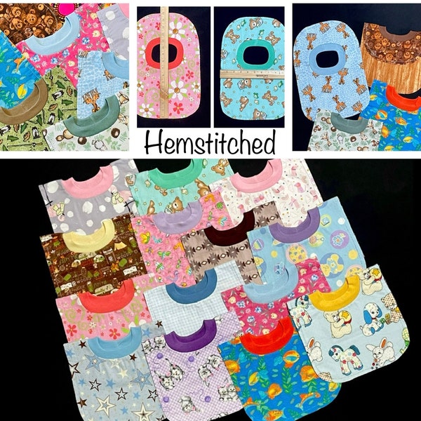 Hemstitched Baby bibs, Pull over stretch neck double sided soft flannel, absorbable, comfortable good coverage easy on off, DIY crochet edge