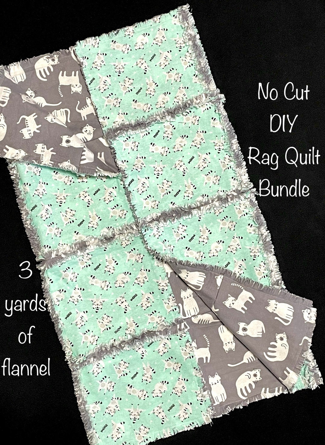 Kitty Cat Rag Quilt, 3 Warm Flannel Layers, 31x37, Mint Green Gray