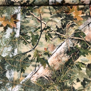 Mountain Shadow  King&#39;s Camo Fabric, wilderness trees,  Camouflage, Hunting, Tree bark, wood grain, pine needles, green brown, Riley Blake