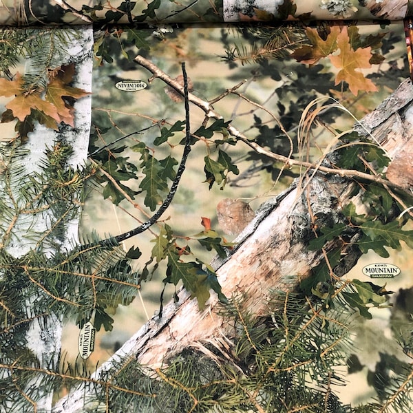 Mountain Shadow  King's Camo Fabric, wilderness trees,  Camouflage, Hunting, Tree bark, wood grain, pine needles, green brown, Riley Blake