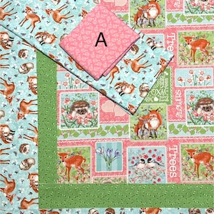 Quiltset bosdieren, Friends of the Forest, voshert konijn eekhoorn roze groen blauw, 25-inch paneel met 2 randen, achterkant en binding, Studio E