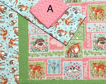 Woodland animals quilt kit, Friends of the Forest, fox deer rabbit squirrel pink green blue, 25&quot; Panel 2 borders, back & binding, Studio E