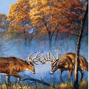 Natures Finest Deer Buck, Wildlife wilderness outdoor, cotton fabric, blue brown tan, fall deer hunt, forest Autumn scene, by Riley Blake