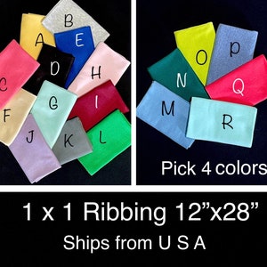 Ribbing, Pick your 4 colors, stretch RIB knit fabric bundle 1 x 1 Rib knit, 12&quot; x 28&quot; each, cuffs waistband hems neckline t-shirts, from USA