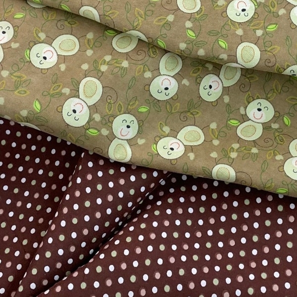 Brown polka dots, Monkey flannel, green white dots, dot Flannel Fabric, quilt flannel backing, by the Yard, soft top quality flannel