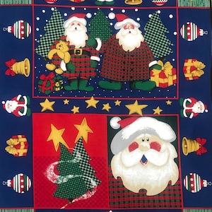 Santa Clause Christmas trees, ornament fabric panel, jingle bells, gifts stars, snowflakes, red blue green, wall hanging fabric Santa, 35x44