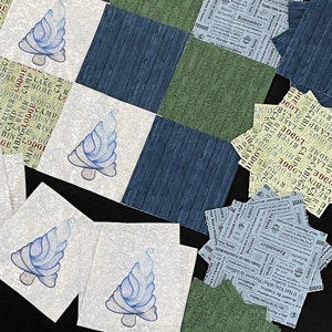 58 Smokey Bear Embroidered forest trees, great outdoor 7&quot; Quilt square blocks, pre cut blue green tan, prevent fires, wilderness quilt top
