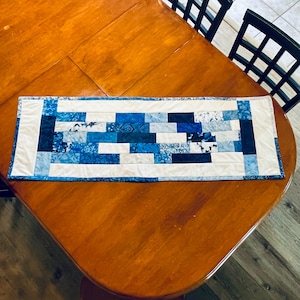 Quilted Table Runner, blue, White, navy, floral, abstract rectangle design, beautiful, table decoration, 14.5 x 41