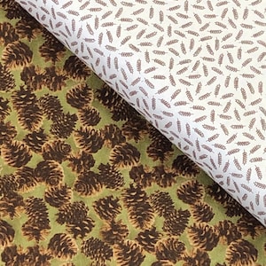 Pine cone tree fabric, green brown cream beige, acorn wilderness, forest leaves, wildlife  Andover fabrics Majestic woods & scenic icons