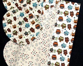 Eule Hohlsaum gestreift Baby Flanelldecke & 2 Spucktücher doppelseitig, blau grün orange, unisex Baby Geschenk, DIY Häkelkante