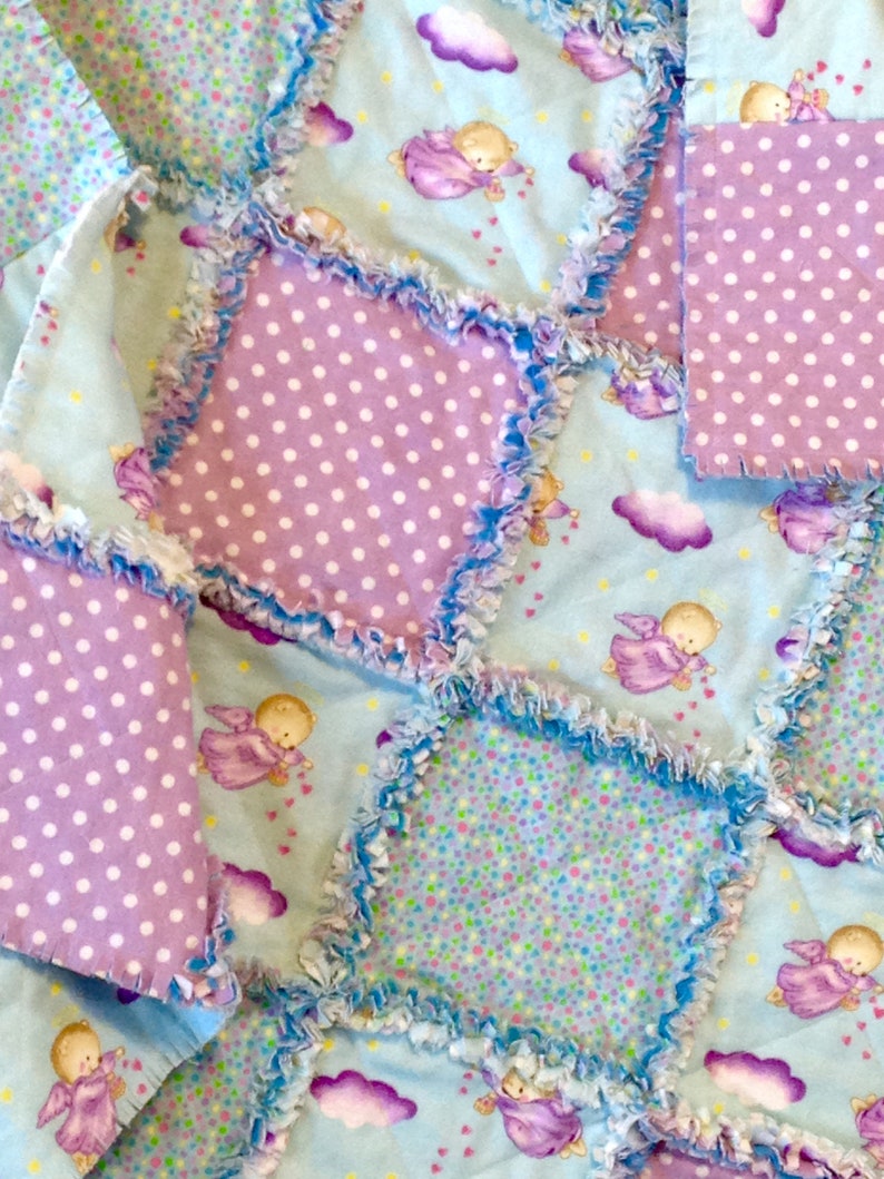 35 x 35 purple aqua blue polka dot hearts Flannel blanket Baby rag quilt Teddy bear angels shower gift 3 layers of top quality flannel