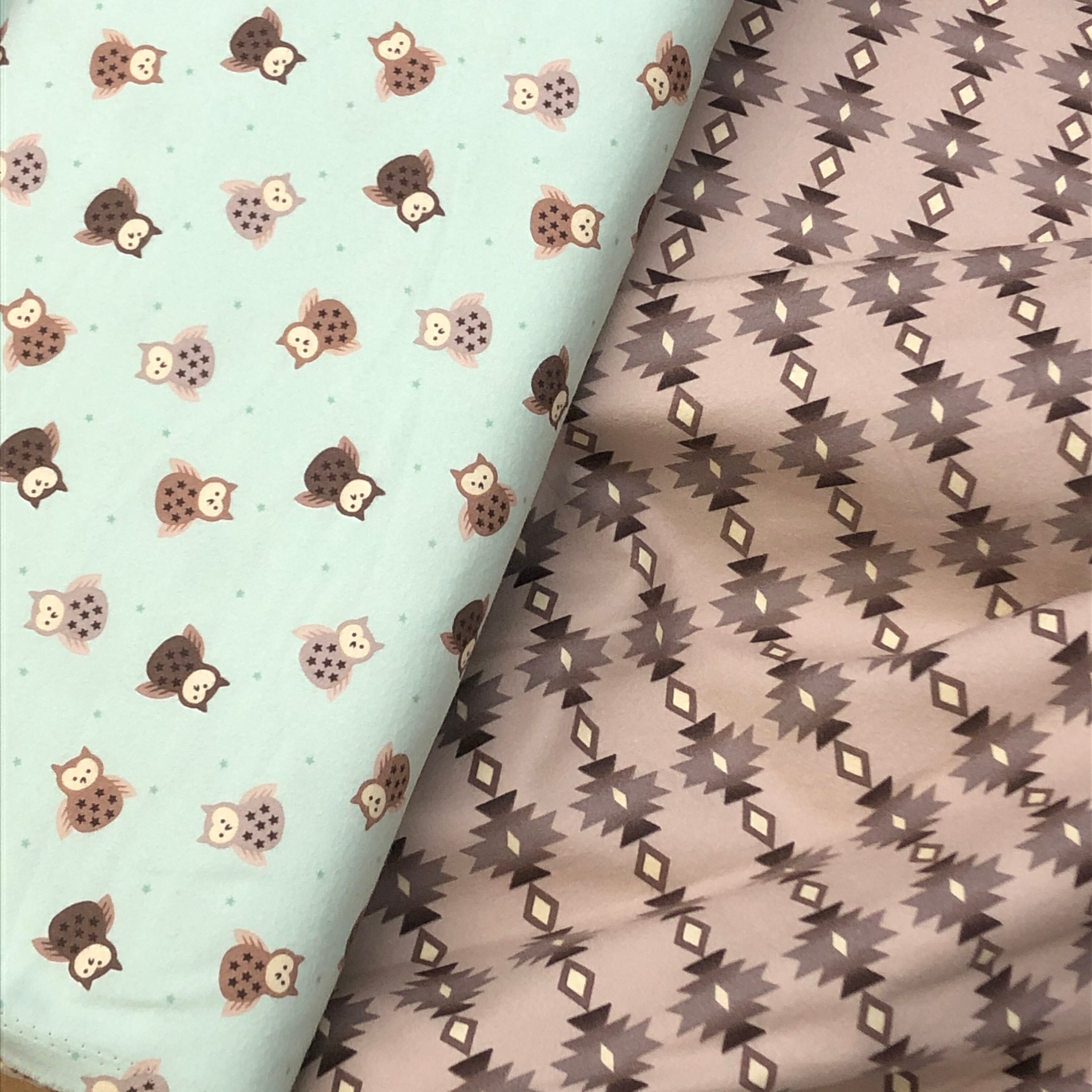 Owl Geometric Bumble garden 2 ply flannel fabric, aztec, Southwest, gray brown, owl diamond, cream, 