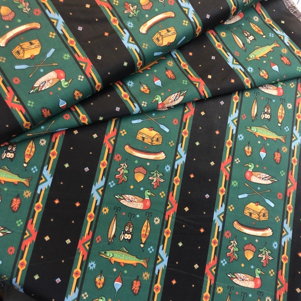 fishing duck fabric, woodland, camping coordinate, Mountain falls,  black orange green, cabin, geometric, great outdoors,