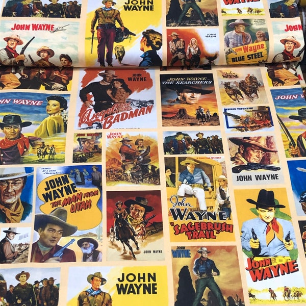 John Wayne movie poster Fabric by Riley Blake, sunset, horse, desert, Western cowboy, Hollywood icon. framed pictures, wall hanging, guns