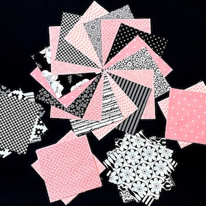 48 pink black white 7&quot; pre cut square quilt blocks, quilting fabric, flowers, stripes, black white, pink daisy, patchwork quilt
